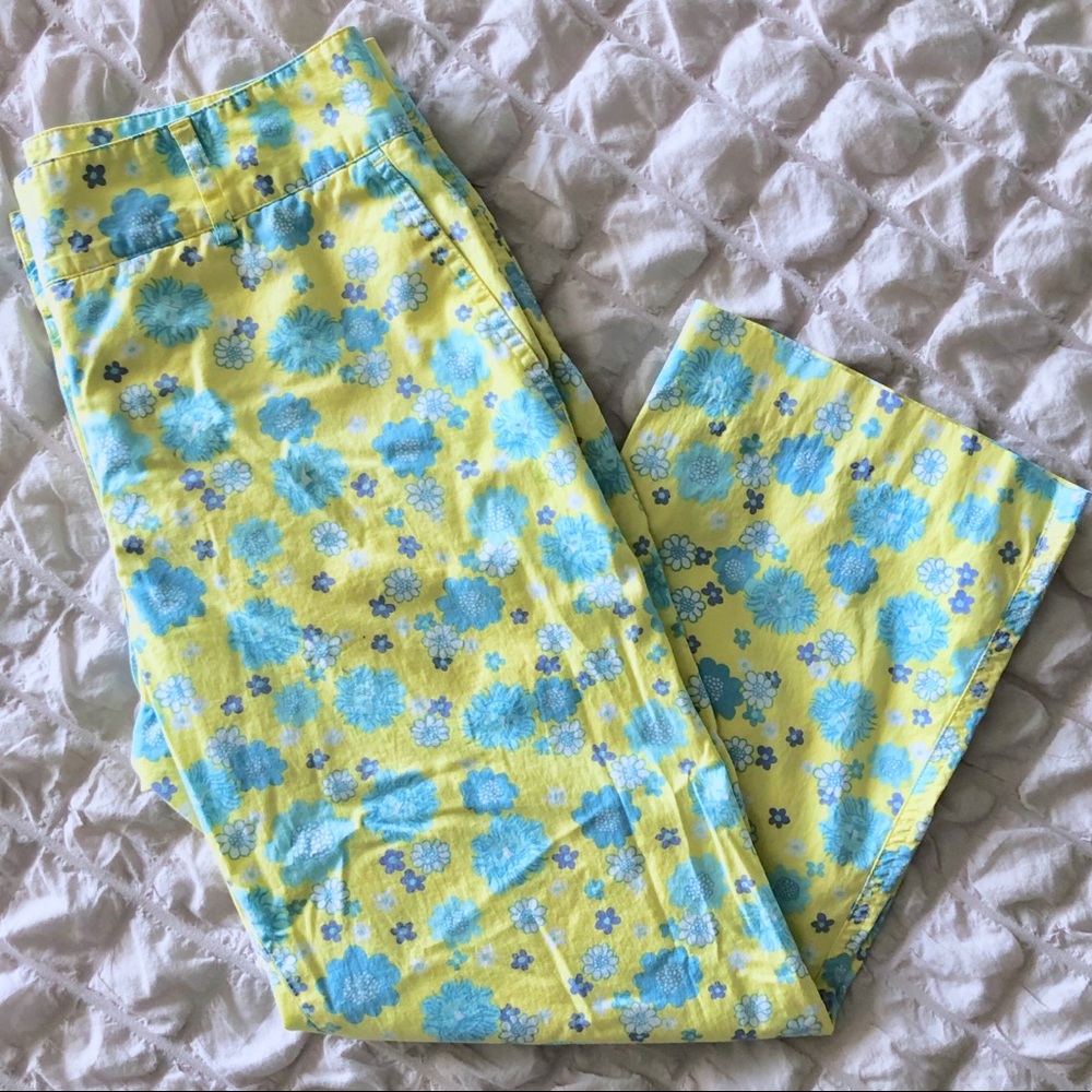 VTG Lilly Pulitzer Yellow & Blue Lion Floral Capri - Picture 1 of 4
